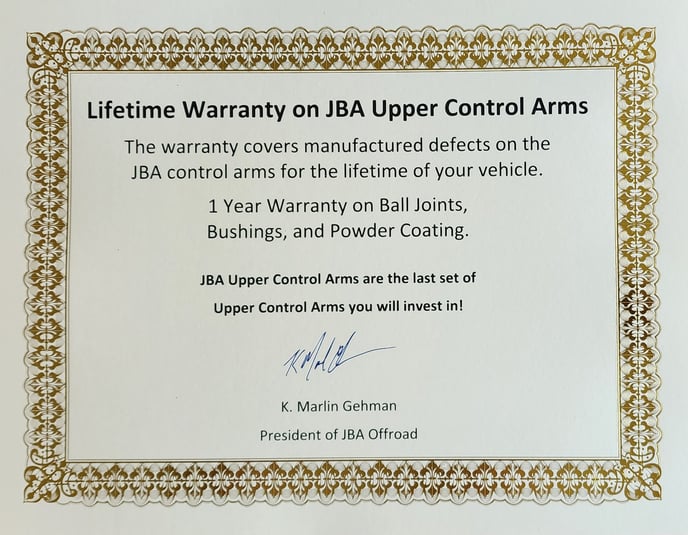 Lifetime Warranty on JBA Upper Control Arms